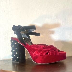 Zara Deep Red and Black Velvet Platform Heels Silver Studs Heel Sz 40 9